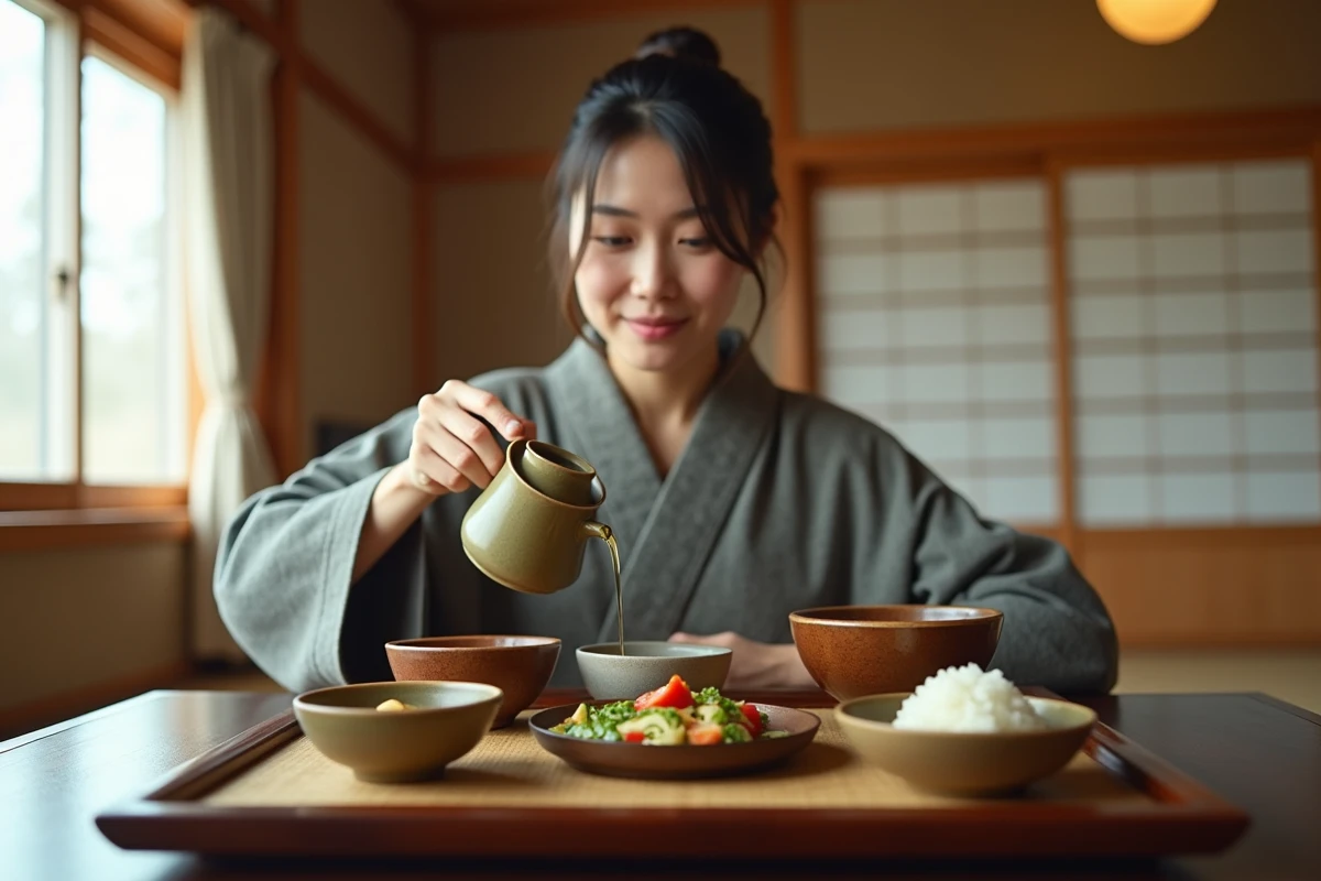 Intérieur chaleureux d'un minshuku japonais à Nozawa Onsen avec repas traditionnel servi sur tatami par une femme en yukata