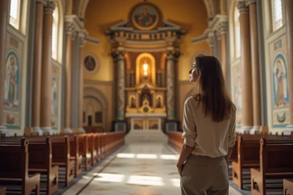 Jeune femme contemplant les mosa&iuml;ques dor&eacute;es de la cath&eacute;drale Monreale