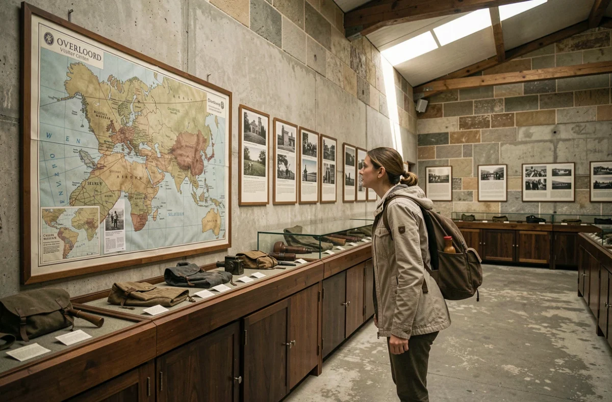 Femme visitant l'intérieur d'un musée mémorial près du cimetière de Colleville avec des artéfacts de la Seconde Guerre mondiale
