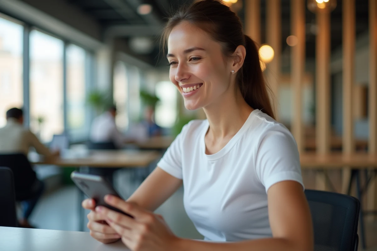 Jeune femme consultant un numéro de téléphone italien avec le code pays +39 sur son smartphone au bureau