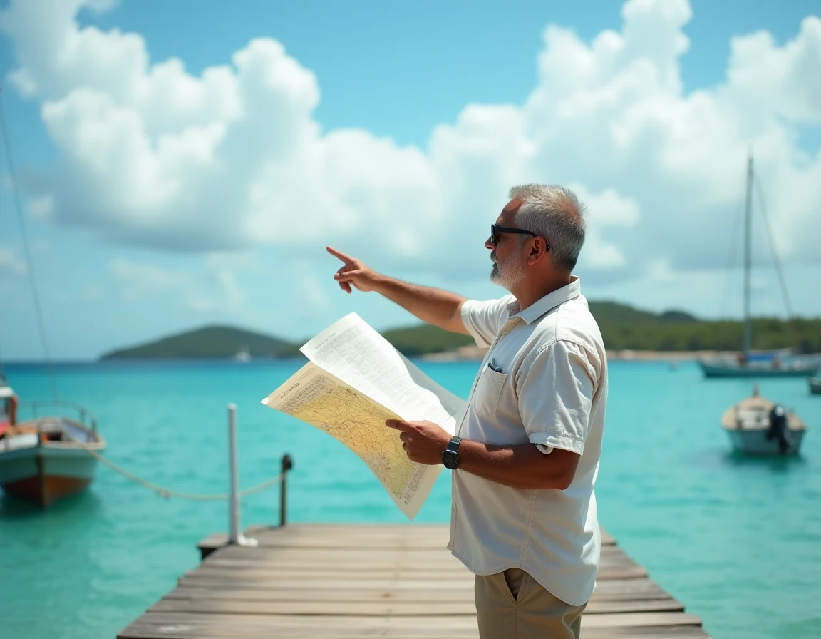Observateur m&eacute;t&eacute;o local tenant une carte nautique sur un ponton en bois dans la mer des Cara&iuml;bes avec des nuages &agrave; l'horizon
