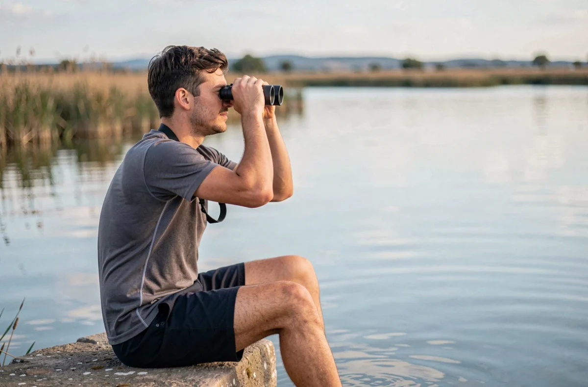 Randonneur observant les oiseaux aux jumelles au bord de l'étang de l'Or lors d'une promenade nature à Mauguio