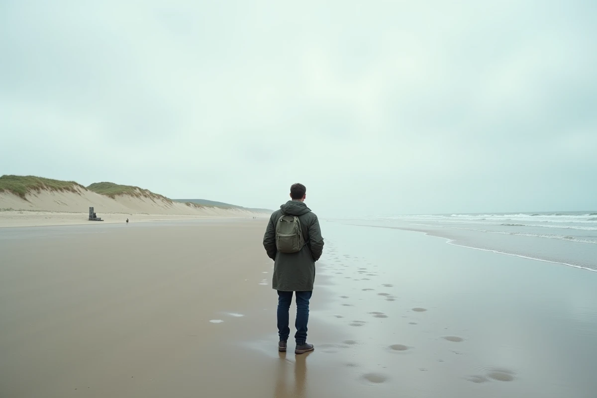 Visiteur solitaire contemplant la plage d'Omaha Beach en Normandie lors d'une journée grise et apaisée