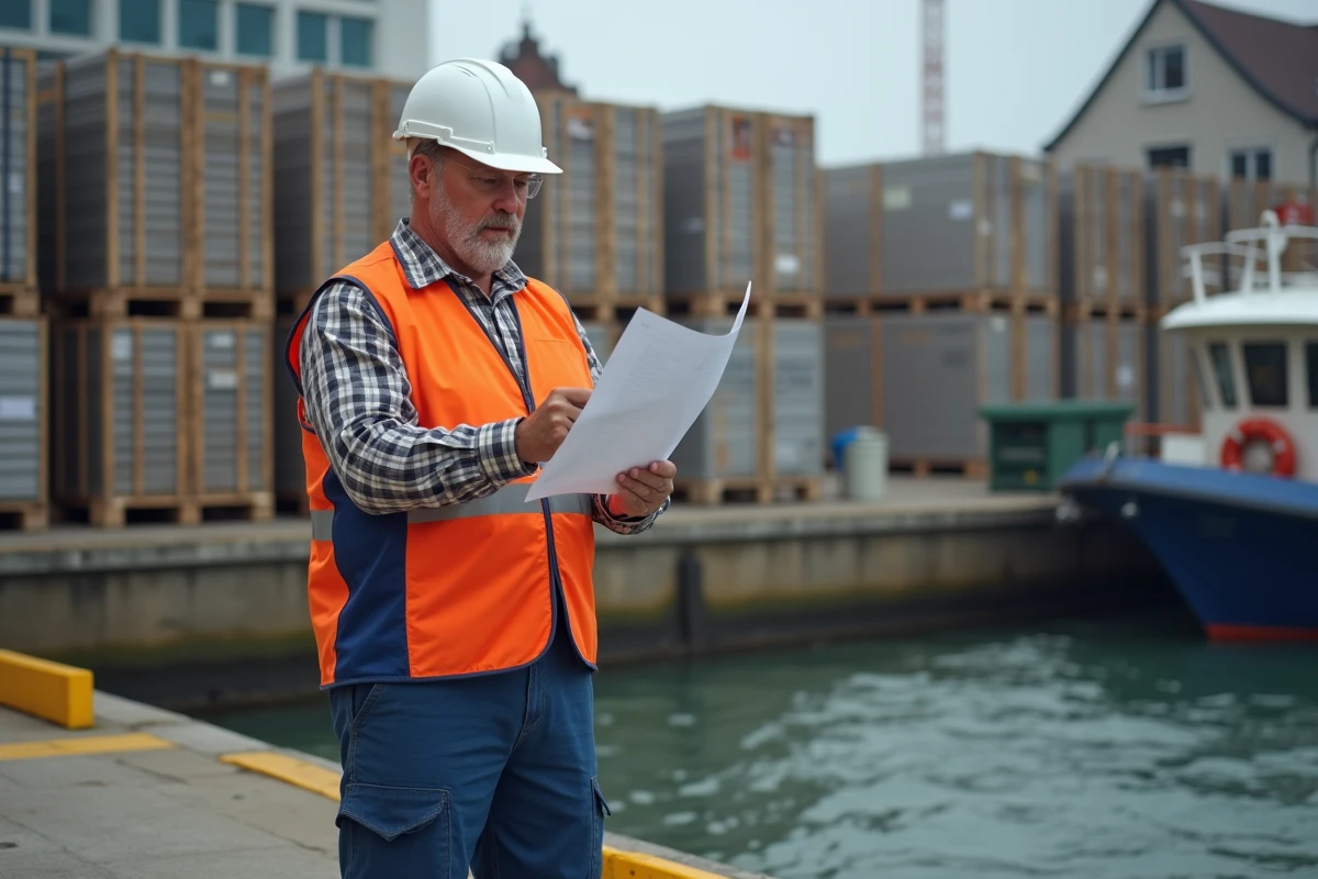 Ouvrier portuaire consultant un manifeste de fret sur le quai du Rhin à Bâle