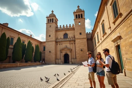 Façade extérieure du Palais des Normands à Palerme avec des touristes consultant une carte devant l'entrée principale