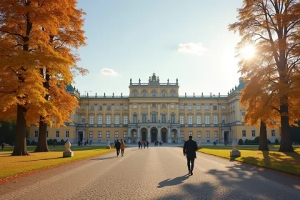 Façade baroque du palais de Schönbrunn à Vienne en automne avec des touristes dans la cour principale