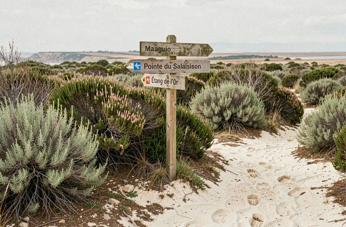 Panneau de signalisation pédestre à un carrefour de sentiers entre la Pointe du Salaison et l'étang de l'Or à Mauguio