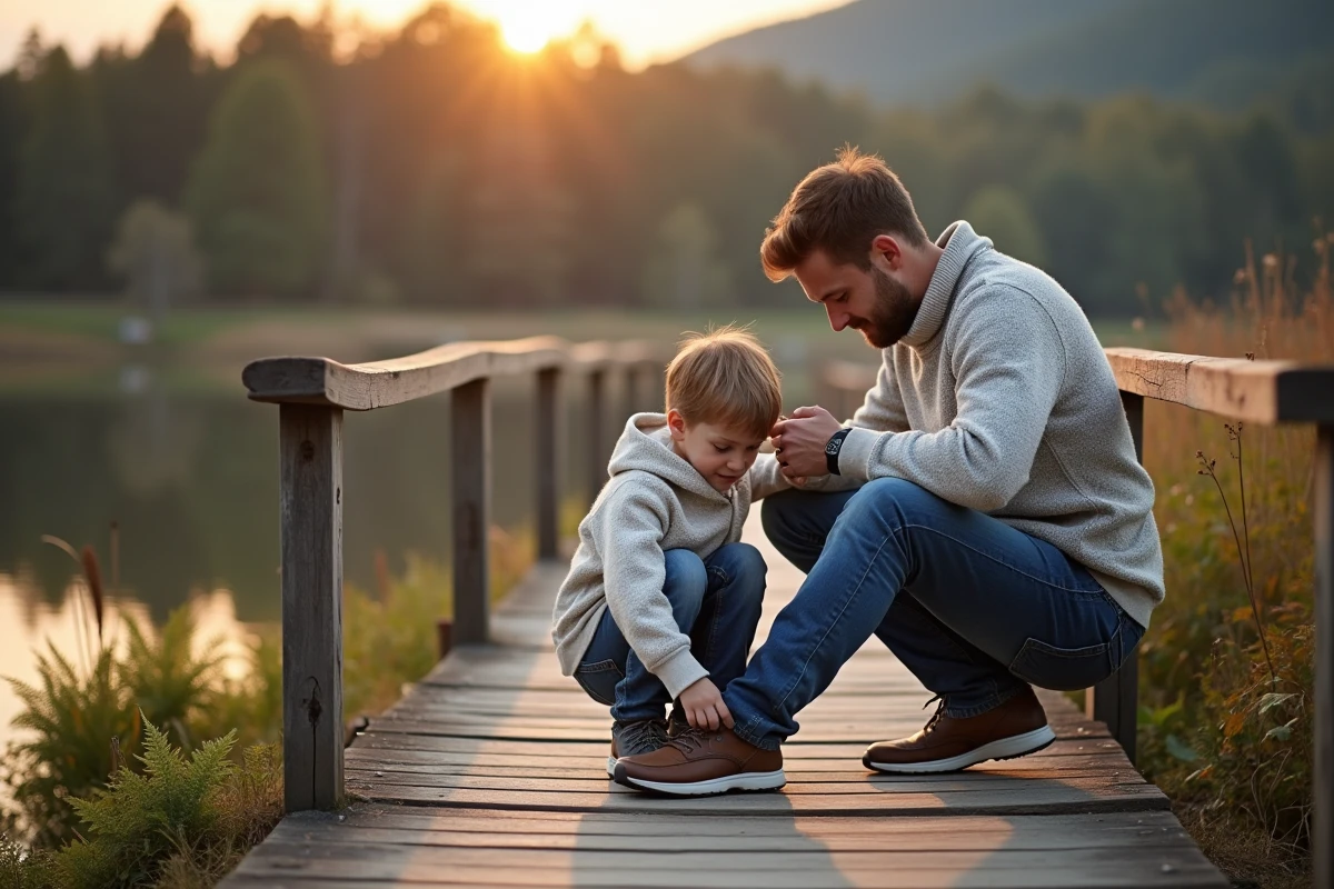 P&egrave;re et fils attachant leurs chaussures sur un pont au bord du lac