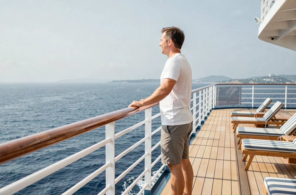 Passager sur le pont d'un bateau de croisière Costa contemplant la mer lors d'une traversée post-Covid