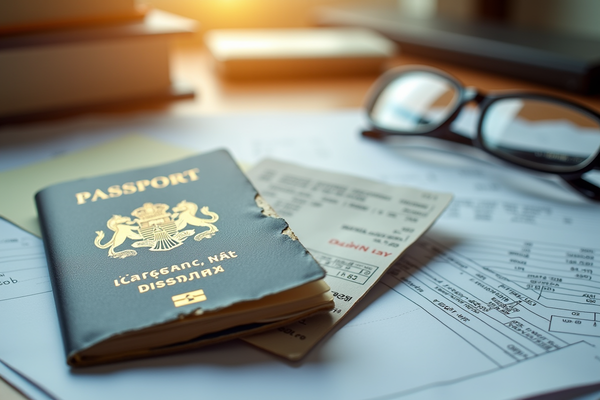 Passeport déchiré sur un bureau avec documents de voyage