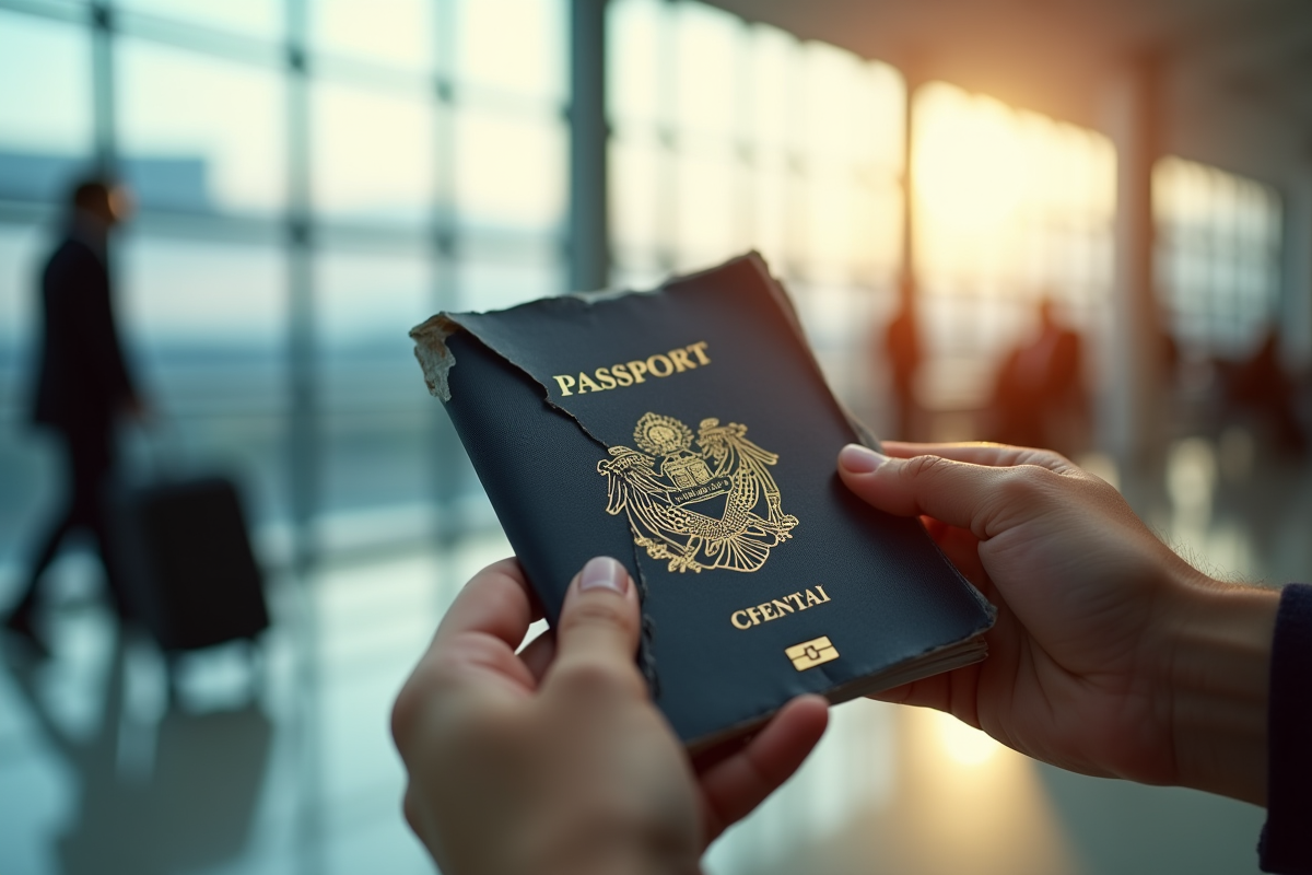 Passeport usé et plié tenu par une personne à l'aéroport