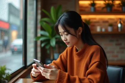 Jeune femme planifiant son séjour à Tokyo sur une application mobile dans un café cosy de Shibuya