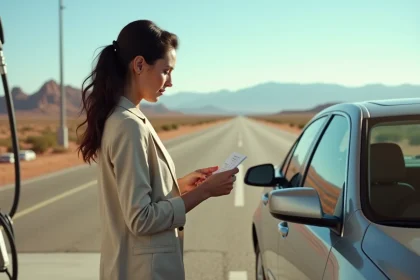 Femme faisant le plein d'essence sur la route entre Las Vegas et Los Angeles dans le désert de Mojave