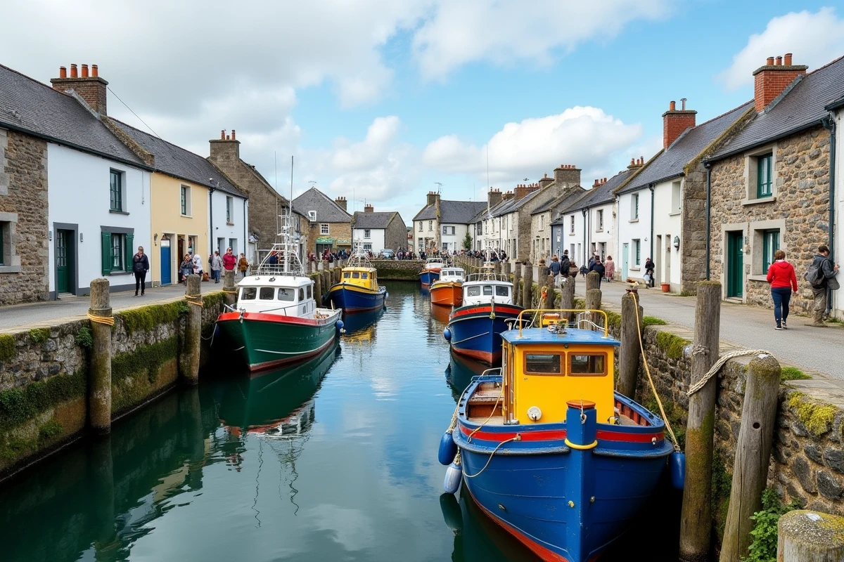 Port de Groix avec bateaux de pêche colorés et maisons bretonnes en pierre sur le quai