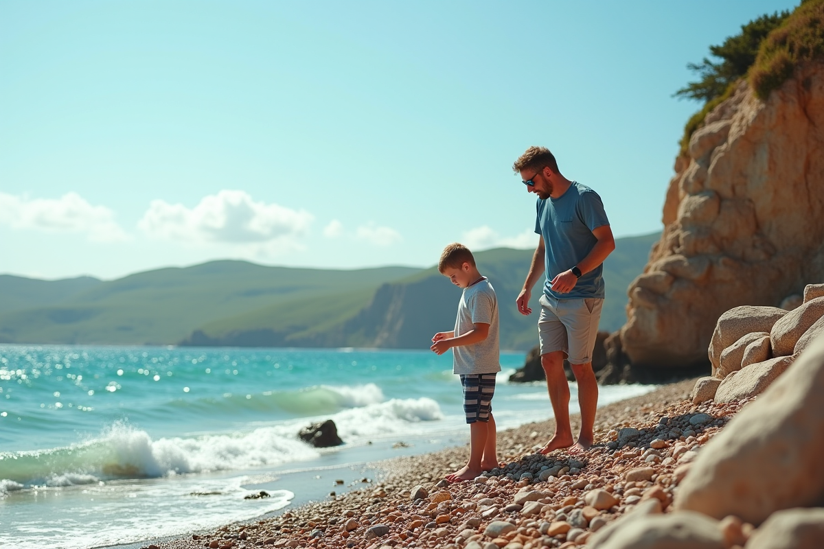 Père et fils explorent les rochers à Falasarna