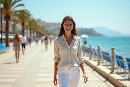 Femme se promenant sur la Promenade des Anglais à Nice avec les chaises bleues iconiques et la mer Méditerranée en arrière-plan