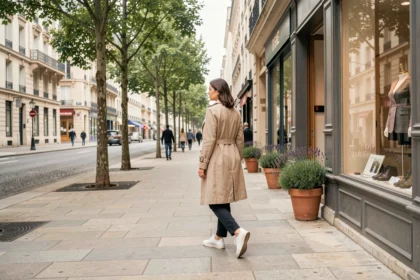 Femme se promenant à pied dans un nouveau quartier piéton de Paris au printemps 2026