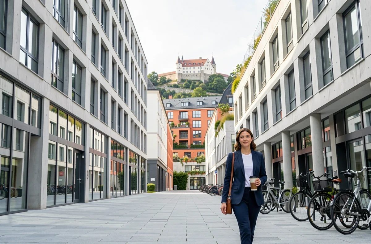 Quartier moderne de Bahnstadt à Heidelberg en 2026 avec une femme professionnelle marchant devant l'architecture contemporaine et le château médiéval en arrière-plan