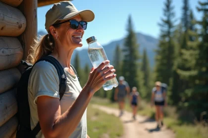 Femme en randonnée buvant à Merelle observation