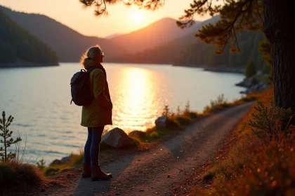 Femme en randonn&eacute;e au bord du lac de G&eacute;rardmer au coucher du soleil
