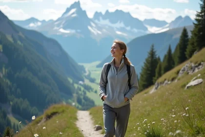Jeune femme en randonn&eacute;e avec vue sur Oberammergau