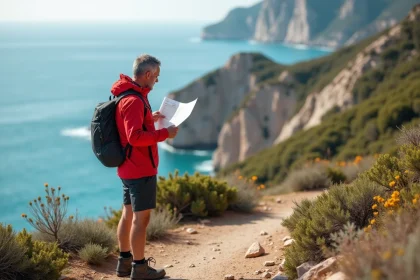 Homme randonneur examinant une carte sur la c&ocirc;te m&eacute;diterran&eacute;enne