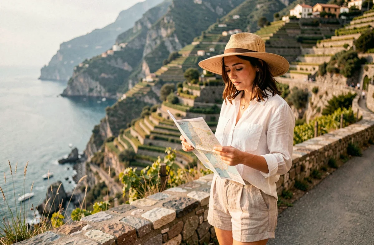Randonneuse consultant une carte sur le sentier côtier des Cinq Terres avec vue sur la mer Ligurienne