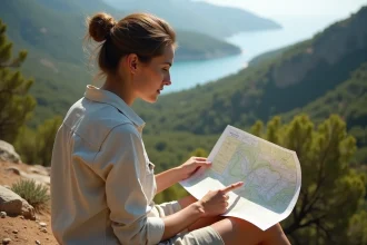 Randonneuse consultant une carte topographique de la Corse du Nord assise sur un muret en pierre sèche face au maquis