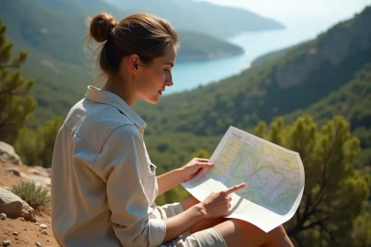 Randonneuse consultant une carte topographique de la Corse du Nord assise sur un muret en pierre sèche face au maquis