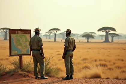 Deux rangers dans un parc national sénégalais avec savane et baobabs en arrière-plan