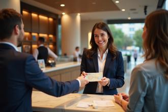 Réceptionniste d'hôtel français remettant un reçu et plan
