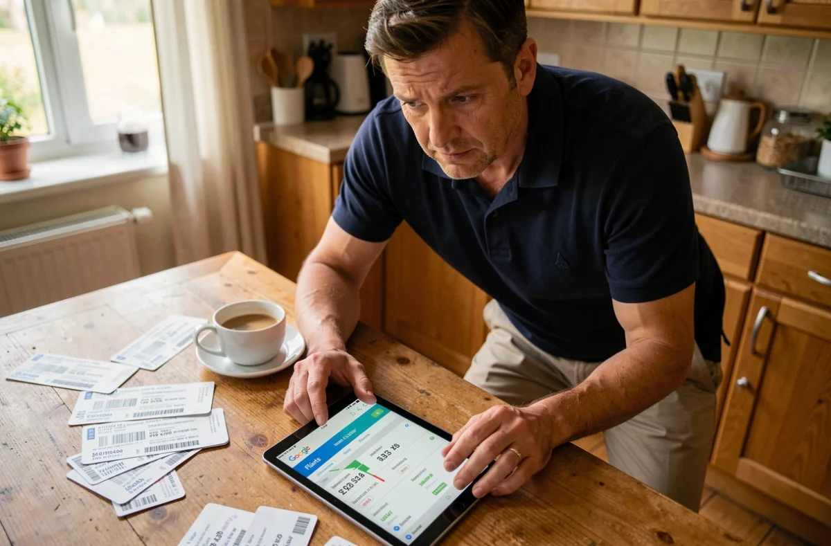 Homme étudiant les tarifs de billets d'avion low cost sur tablette avec des cartes d'embarquement imprimées sur une table de cuisine