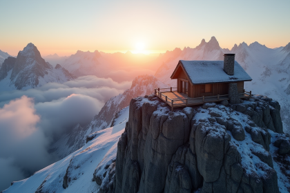 Refuge alpin au sommet avec vue panoramique au lever du soleil