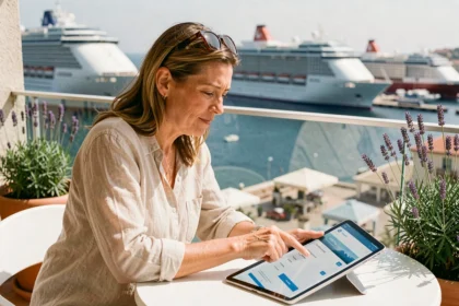 Femme consultant une croisière Costa sur tablette dans un café avec vue sur le port en Méditerranée