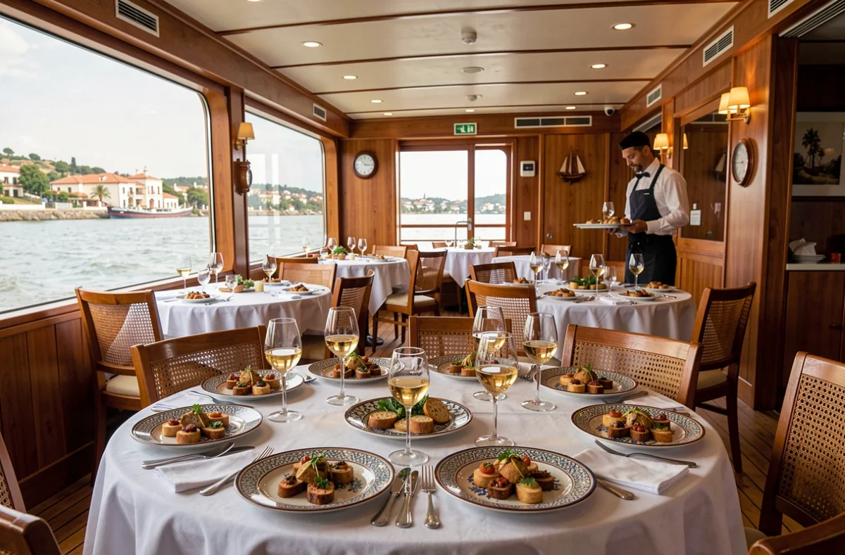 Salle à manger intérieure d'un bateau de croisière fluviale sur le Guadalquivir avec tapas et xérès