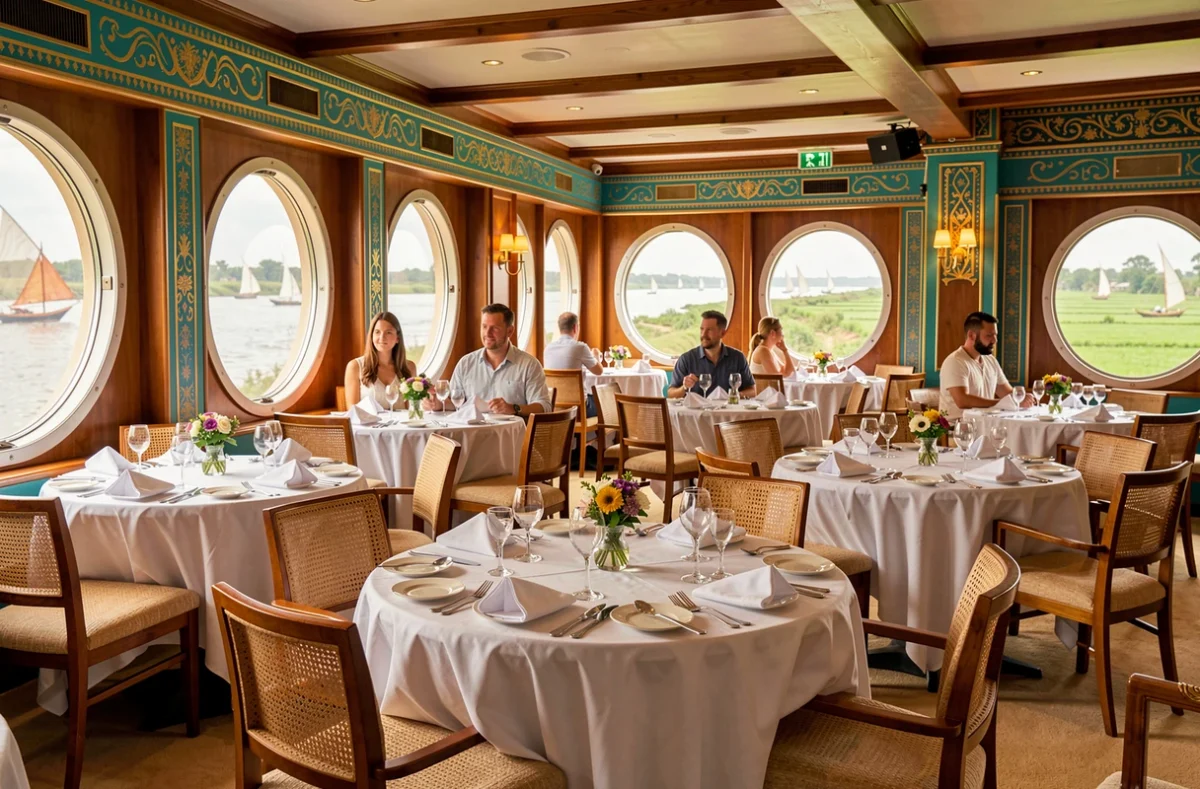 Salle à manger raffinée d'un bateau de croisière sur le Nil avec décoration égyptienne