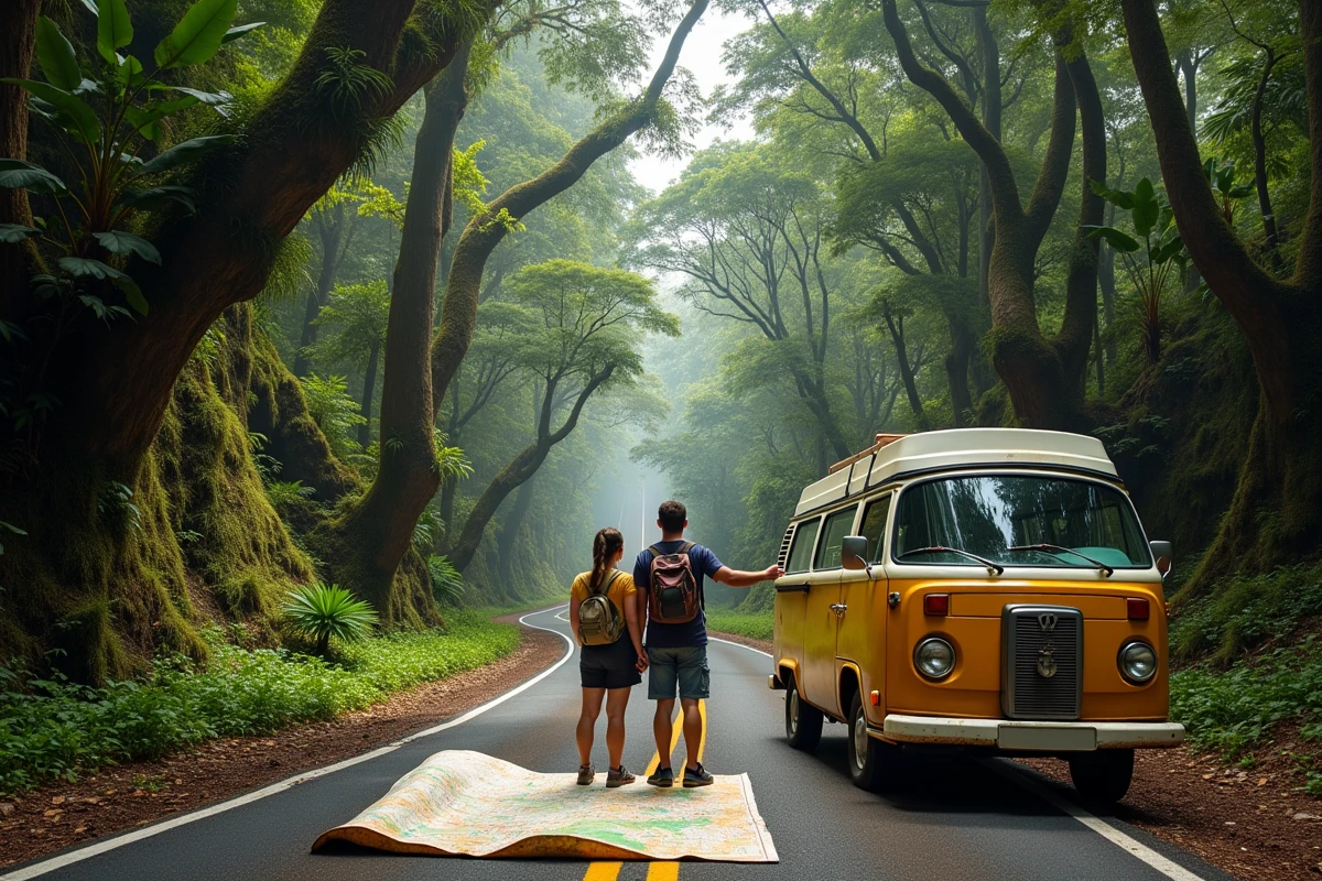 Couple en road trip devant un van aménagé sur la route du Corcovado dans le parc national de Tijuca