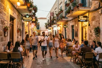 Rue animée de Paceville à Malte avec bars et terrasses au coucher du soleil