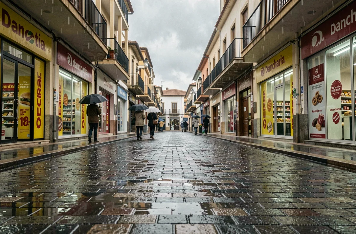 Rue commerçante de Dancharia sous la pluie avec reflets sur le pavé mouillé et passants en imperméable