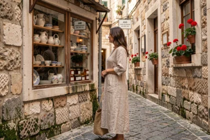 Femme explorant une ruelle pavée de Thessalonique avec boutiques artisanales et murs byzantins en arrière-plan, Macédoine grecque 2026