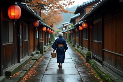 Ruelle pavée traditionnelle du village de Nozawa Onsen en automne avec une femme en kimono indigo marchant parmi les maisons en bois