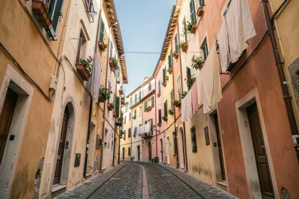 Ruelle pittoresque pavée entre les maisons colorées de Vernazza aux Cinq Terres en Italie