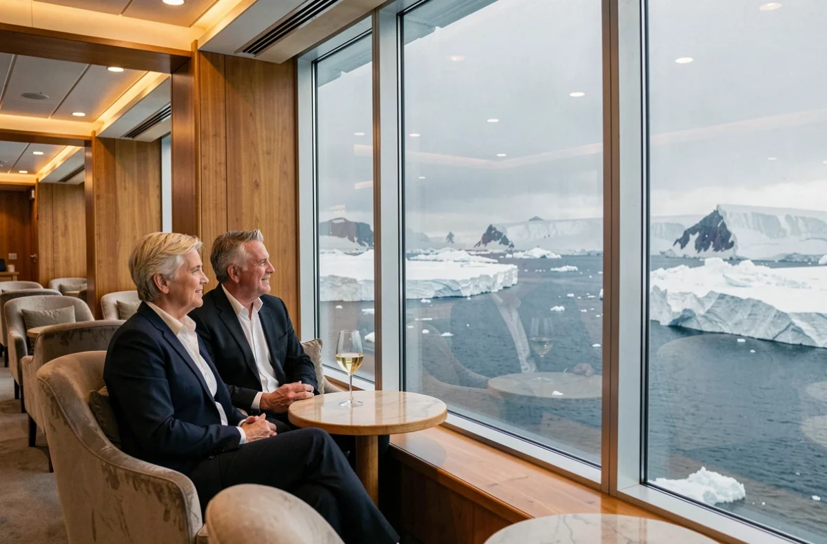 Couple admirant le paysage antarctique depuis le salon panoramique du navire Ponant