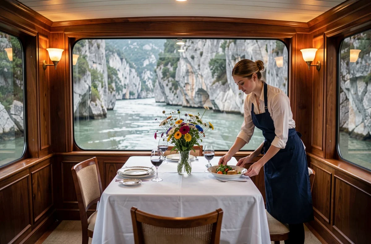 Salon de restauration élégant d'un bateau de croisière fluviale avec vue panoramique sur les gorges du Lot