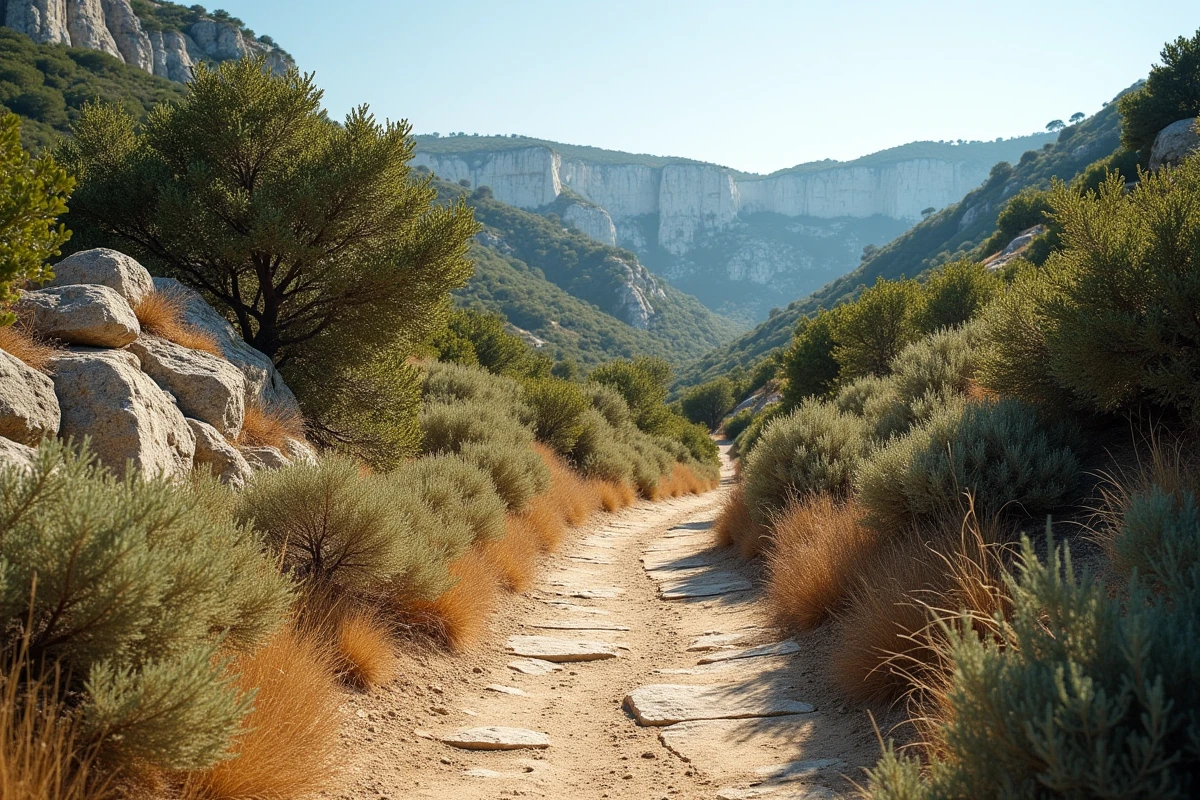 Sentier de randonnée en garrigue menant au cirque de Navacelles avec falaises calcaires en arrière-plan