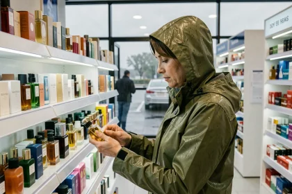 Femme en imperméable vert faisant ses achats dans un magasin duty-free de Dancharia sous la pluie