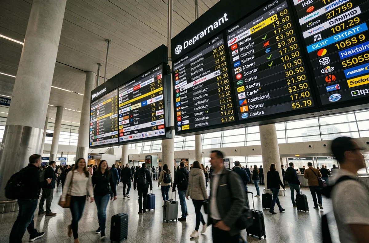 Tableau des départs d'un grand aéroport international avec voyageurs anonymes en mouvement illustrant la complexité des tarifs aériens