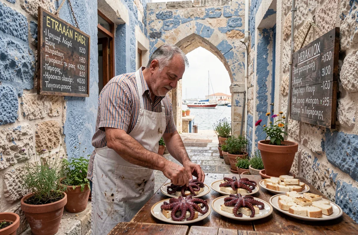 Patron d'une taverne familiale authentique d'Héraklion préparant des spécialités crétoises loin des pièges touristiques