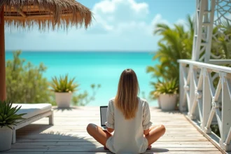 Femme en télétravail sur une terrasse en bois surplombant le lagon turquoise de Marathon dans les Florida Keys