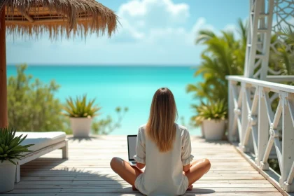 Femme en télétravail sur une terrasse en bois surplombant le lagon turquoise de Marathon dans les Florida Keys